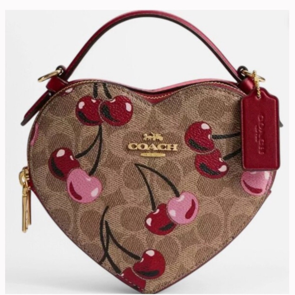 Coach Heart Crossbody Bag in Signature Canvas with Cherry Print NWT